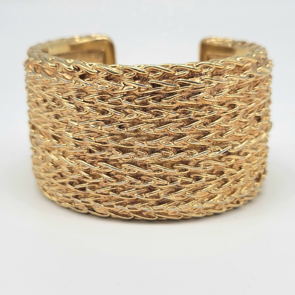 Signed Christian Dior Germany HEAVY Textured Gold BRass Statement Cuff Bracelet